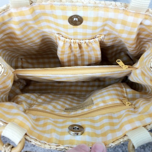 CROFT & BARROW Straw Tote Purse Satchel Handbag, Woven Bag w/Yellow Gingham Lin. - Picture 5 of 10